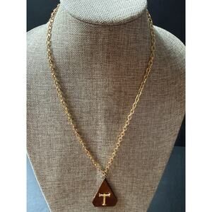 Monogram Initial Necklace Letter T Wood Gold Tone Retro 1970s MCM Brown Retro
